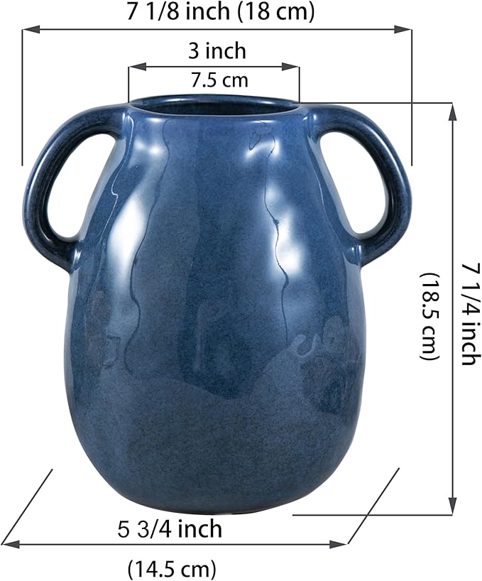 Blue Ceramic Vase with 2 Handles - Modern Farmhouse Rustic Terracotta Decorative Clay Boho Vase for Pampas Grass and Home Decor-VerdiqueGarden