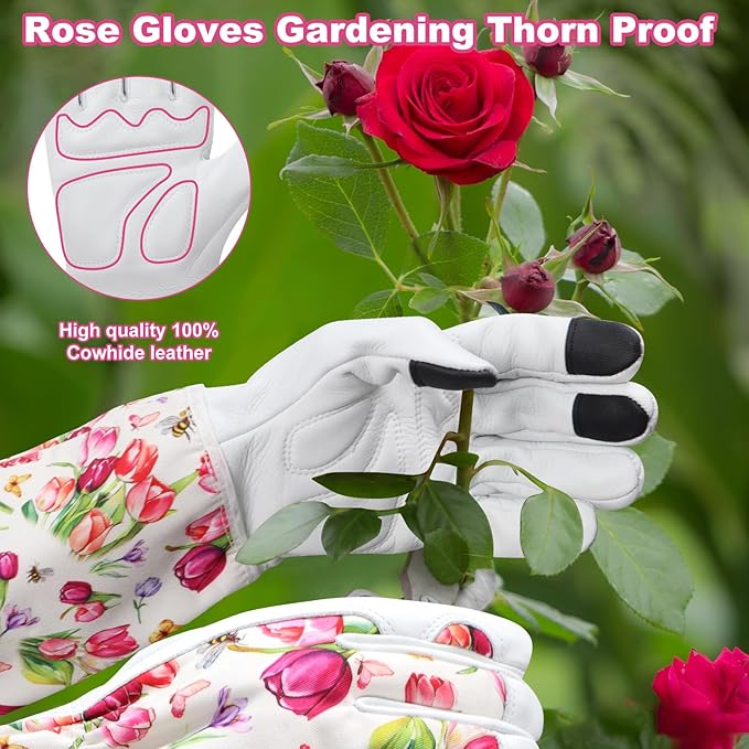 DLY Gardening Gloves for Women, Rose Gloves Gardening Thorn Proof, Long Garden Gloves for Women, Breathable Cowhide Leather Gauntlet(X-Large,White)-VerdiqueGarden