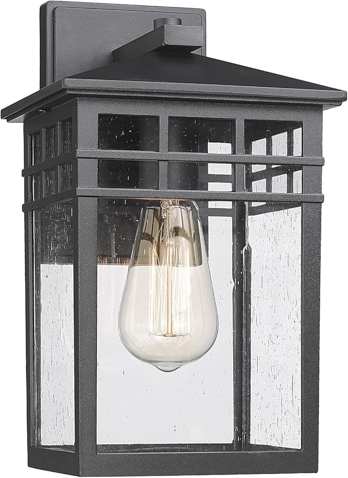 Outdoor Light Fixture Wall Mount, Modern Exterior Lights Fixture Wall Sconces with Seeded Glass for Front Porch, Farmhouse Rustic Waterproof Lantern Lamp in Black Finish for Home, Barn, Garage-VerdiqueGarden