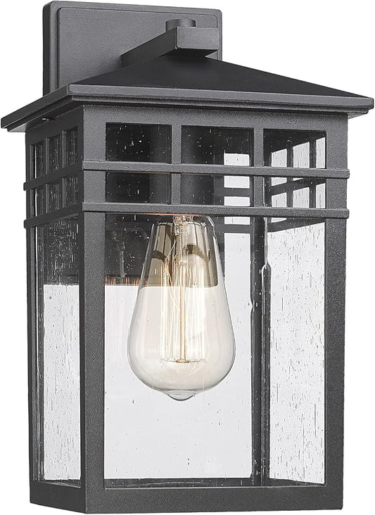 Outdoor Light Fixture Wall Mount, Modern Exterior Lights Fixture Wall Sconces with Seeded Glass for Front Porch, Farmhouse Rustic Waterproof Lantern Lamp in Black Finish for Home, Barn, Garage-VerdiqueGarden