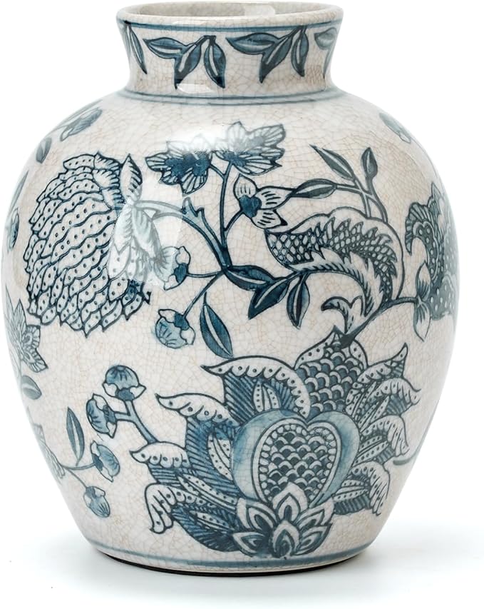 SIDUCAL Ceramic Chinoiserie Floral Vase | 6.3 Inch Blue and White Vintage | Retro Ice Cracked Blue and White Porcelain Vase for Table, Living Room, Bathroom Decoration, Shelf Decor, Mantel-VerdiqueGarden