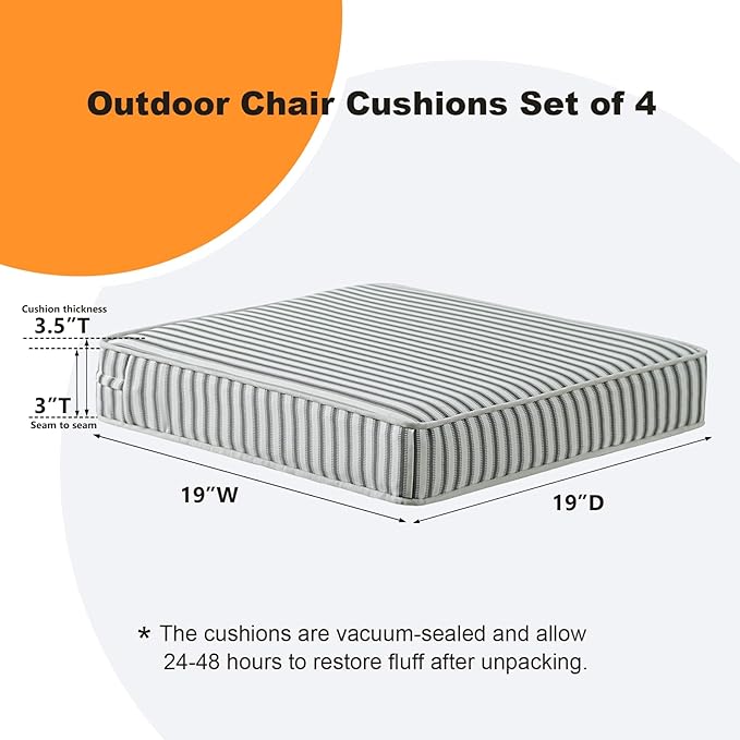 Square Corner Seat Cushions, 19" x 19" x 3", Set of 4, Indoor Outdoor Water Repellent Universal Chair Pads with Ties for Patio Furniture, Garden Deck Dining Chairs, Black and White-VerdiqueGarden