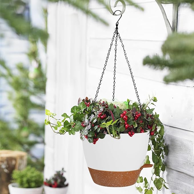 10/9/8 Inch Hanging Planter for Indoor Outdoor Plants, 3 Pack Self-Watering Hanging Pot with Drainage Holes Hanging Planter Baskets Plant Pots with Removable Tray (White+Brown)-VerdiqueGarden