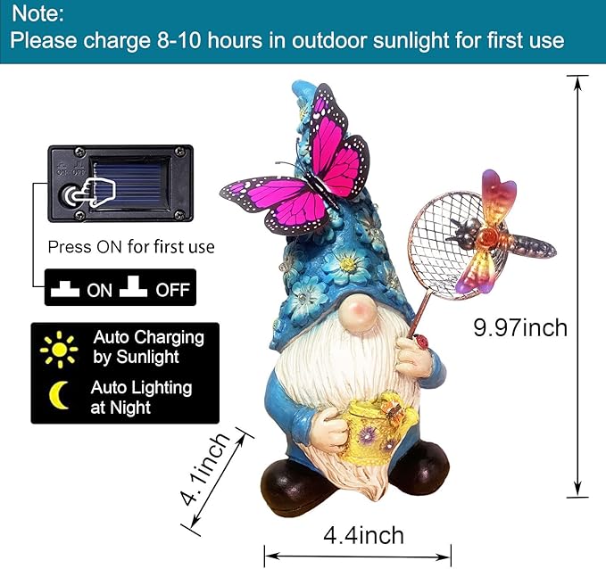 Garden Gnome Statues Outdoor Decor Solar Gnomes with Butterfly on LED Lighted Flowers, Resin Blue Gnomes Sculpture for Patio Yard Lawn Onament Decoration-VerdiqueGarden