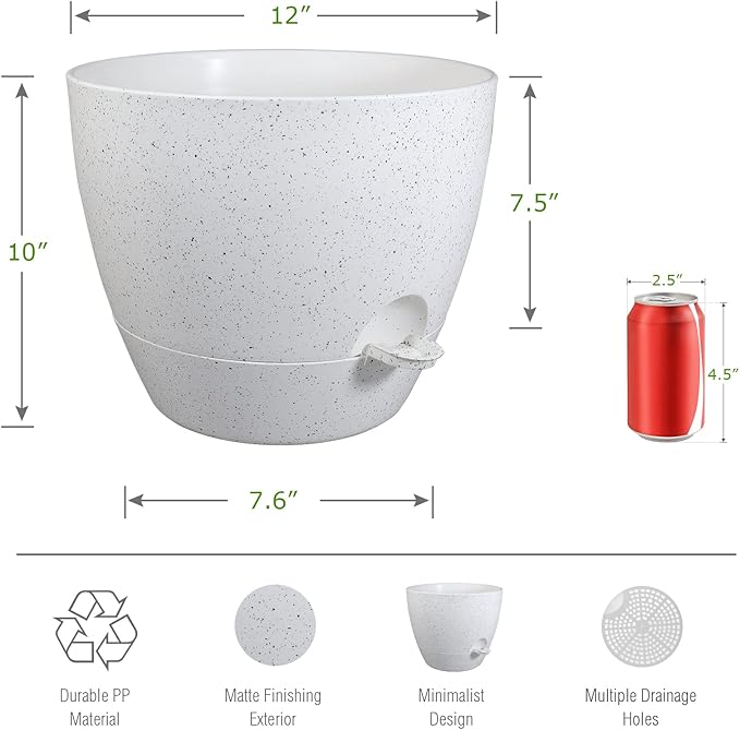 12 inch Large Self Watering Pots, Plastic Planters with 60oZ Removable Deep Reservoir and Multi Mesh Drainage Holes for Indoor Outdoor Garden Plants and Flowers, White Speckles-VerdiqueGarden