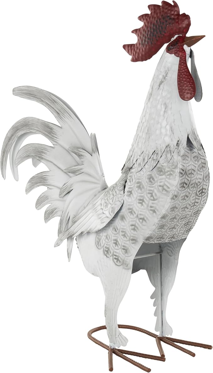 Deco 79 Metal Rooster Decorative Garden Sculpture Garden Statue with Black Texturing and Red Accents, Outdoor Sculpture 15" x 6" x 18", White-VerdiqueGarden