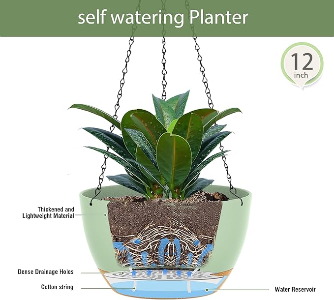 12 Inch Hanging Baskets 2 PC with Chains, Self-Watering Hanging Planters for Indoor Outdoor Plants, Plastic Hanging Flower Pots,Green Brown-VerdiqueGarden
