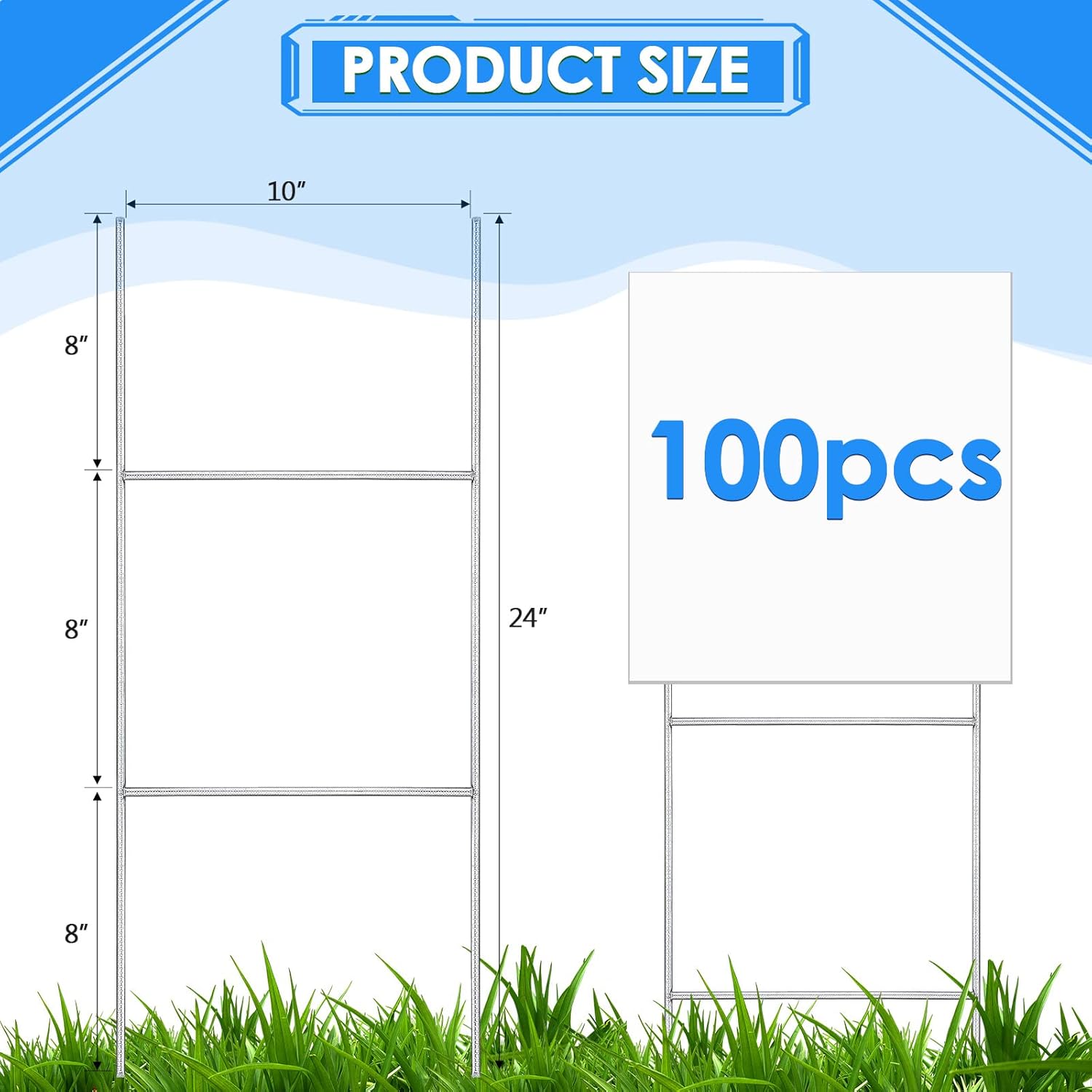 100 Pcs H Stakes for Yard Signs 24'' x 10'' Metal Heavy Duty H Frame Lawn Wire Stakes Weatherproof Metal Sign Holder Bulk for 4mm 5mm Corrugated Signs Board Guidepost Yard House Garden Decor-VerdiqueGarden