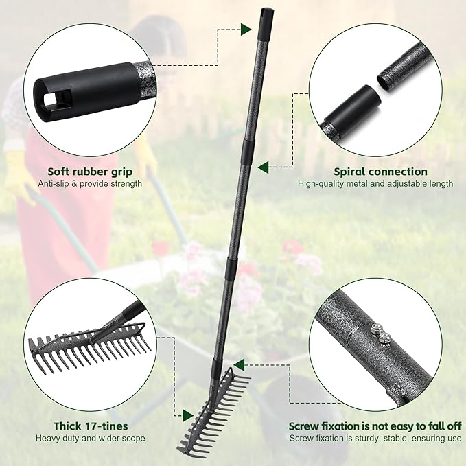 49'' Bow Rake ，17 Tines Metal Head Rakes with Stainless Steel Handle，Heavy Duty Garden Rake for Loosening Soil Gathering Leaf Leveling Lawn Farming Land Management Yarn Thatch Rake-VerdiqueGarden