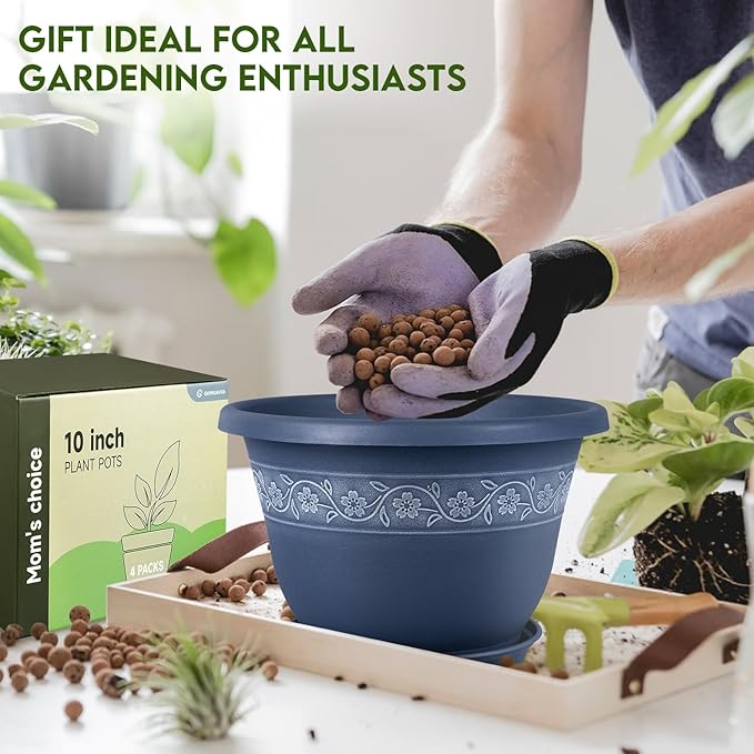 10 Inch Plant Pots with Drainage Hole - Lightweight Flower Pots for Herbs and Flowers - Home Decor Plastic Planters for Indoor Outdoor Plants- Pack of 4 (Blue, 10 inch)-VerdiqueGarden