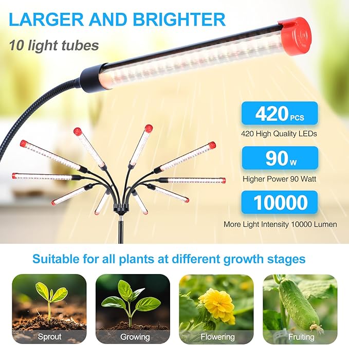 10-Head Grow Lights for Indoor Plants with Stand 90W, LED Plant Grow Light for Tall Houseplants, Bonsai Tree, Full Spectrum Growing Lamp with 4,8,12 Hr Timer, 24"-64" Adjustable Height-VerdiqueGarden