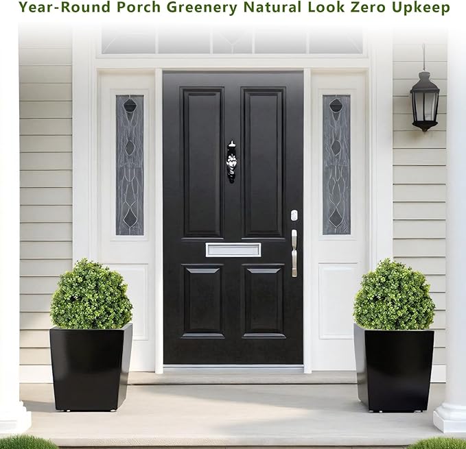 THE BLOOM TIMES 2ft Faux Boxwood Plants Outdoor Set of 2, Topiary Balls Artificial Outside Trees, 24" UV Resistant Fake Greenery Bushes & Shrubs for Front Porch Planter-VerdiqueGarden