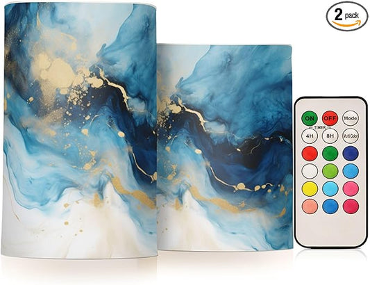 Flickering Flameless Candles, Marble Navy Blue LED Candles with Remote Timer, Set of 2 Battery Operated Candle for Valentine Wedding Birthday-VerdiqueGarden