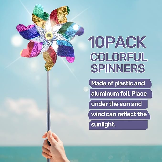 BATTIFE 10 Pack Sparkly Rainbow Pinwheels, Reflective Wind Spinner for Yard and Garden with Stakes, Decor Windmill to Scare Birds Away for Lawn and Patio-VerdiqueGarden