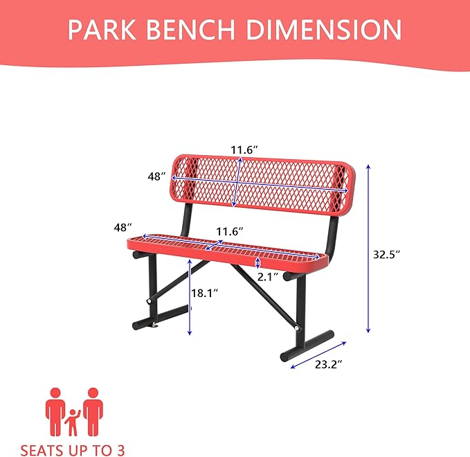 4/6/8 Feet Park Bench for Outside Heavy Duty Metal, Garden Benches Outdoor Bench with Backrest & Portable Frame, for Shopping Malls Stores Parks Patios Decks, Red-VerdiqueGarden