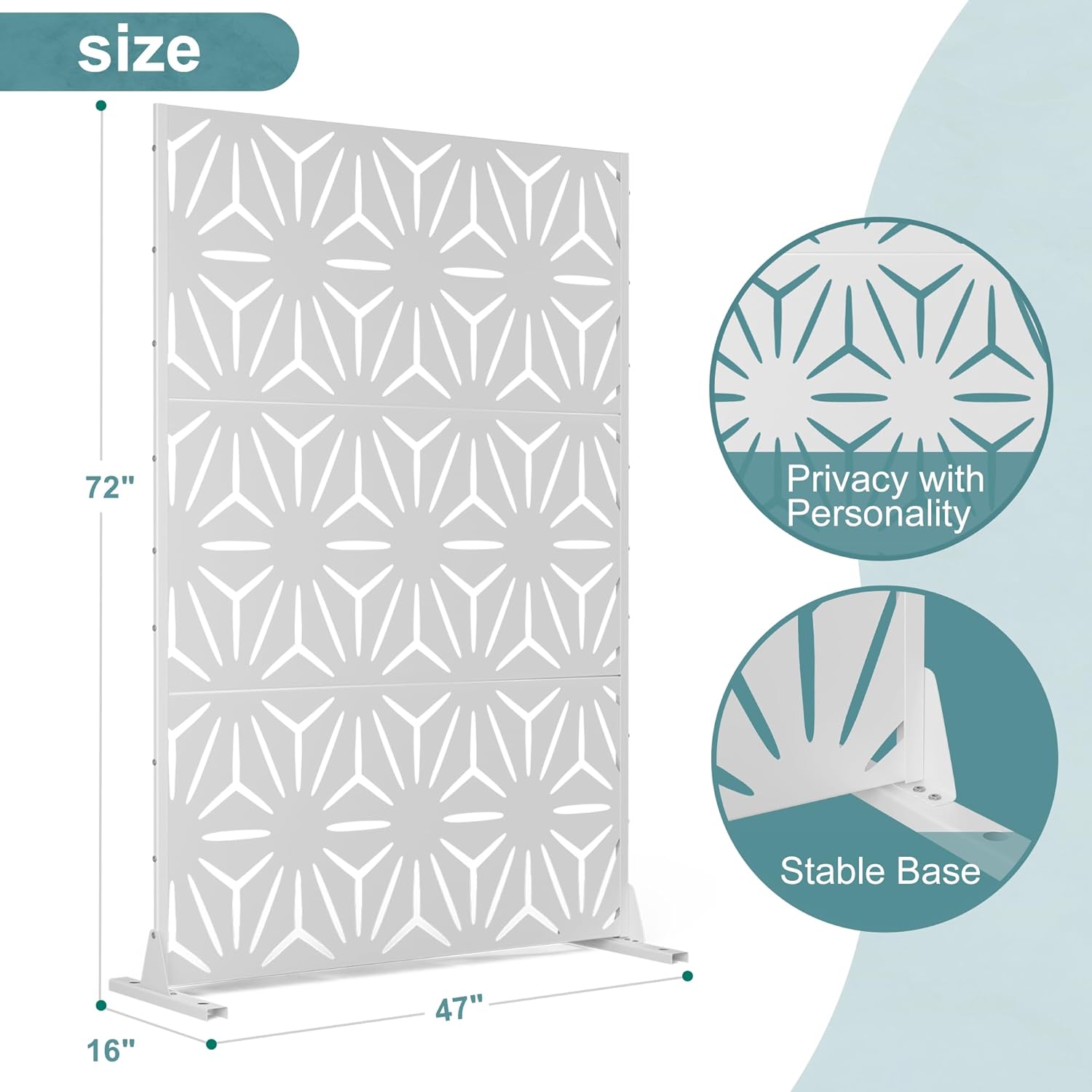 Metal Privacy Screen Outdoor Freestanding Privacy Wall Panels and Decorative Patio Dividers, Crafted from Steel with Sun-Proof Design, Ideal for Patio, Deck, Garden,72" H×47" L,（White&Star）-VerdiqueGarden
