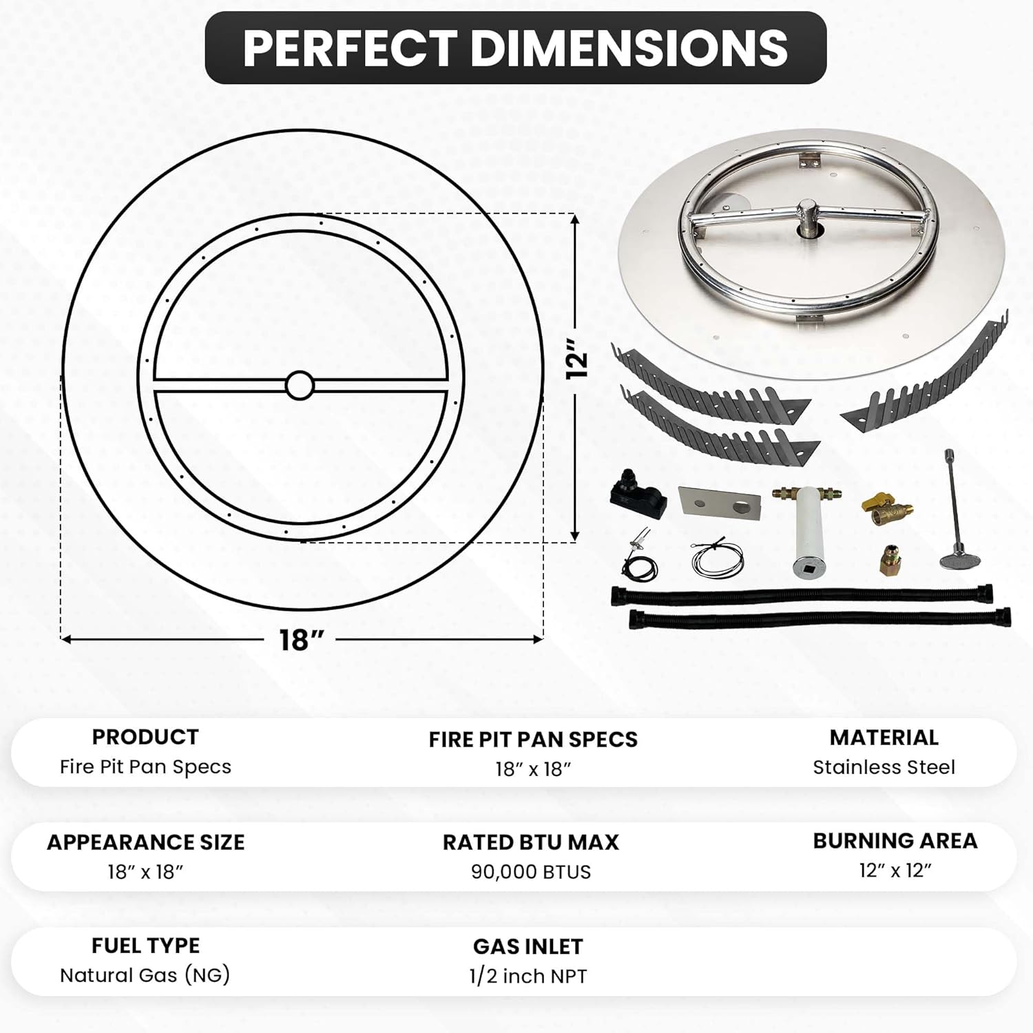 Stainless Steel Fire Pit Burner Pan & Ring Pro Kit for Natural Gas, 18-Inch Pan, 12-Inch Ring, 90,000 BTU Max-VerdiqueGarden