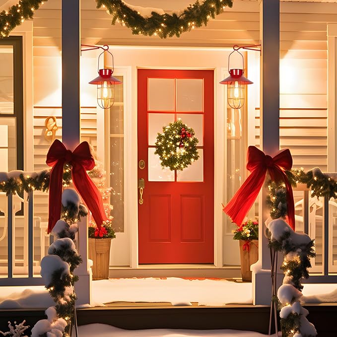 pearlstar Solar Lanterns Outdoor Christmas Metal Solar Powered Hanging Lights Waterproof for Wall Barn Yard Garden Patio Garage Balcony Porch Fence Decor, Warm White Edison Bulb (Red-2pack)-VerdiqueGarden