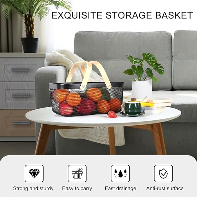 Garden Harvest Basket,Delicate Harvest Basket for Garden Vegetables,Practical Metal Mesh Wire Basket with Handle Suitable for Bathroom,Cabinet,Kitchen(Black)-VerdiqueGarden