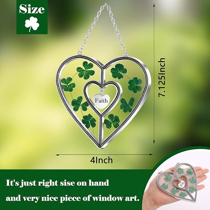 KY&BOSAM Shamrock Heart Suncatcher Faith Suncatcher St Patrick's Day Decoration Grandma Gifts for Windows Hangings Wind Chime with Pressed Flower Gifts for Mom Mother`s Day Valentine's-VerdiqueGarden