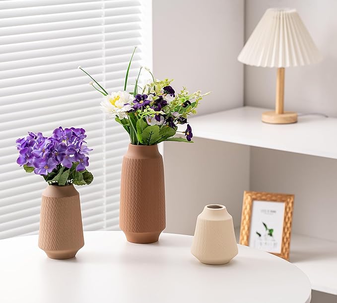 Ceramic Vase Set of 3, Modern Multicolor Pattern Flower Vases for Home Decor, Office, Centerpieces, Boho Farmhouse Style (Khaki/Brown/Beige)-VerdiqueGarden