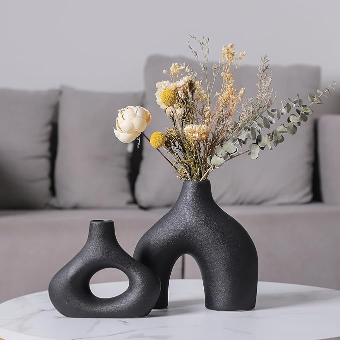 CEMABT Black Ceramic Vase Set of 2 for Modern Minimalist Bohemian Decor，Round Matte Donut Vases for Pampas Grass-Perfect for Living Room, Dining Table, Office Bedroom Shelf Decor Entryway, Console-VerdiqueGarden