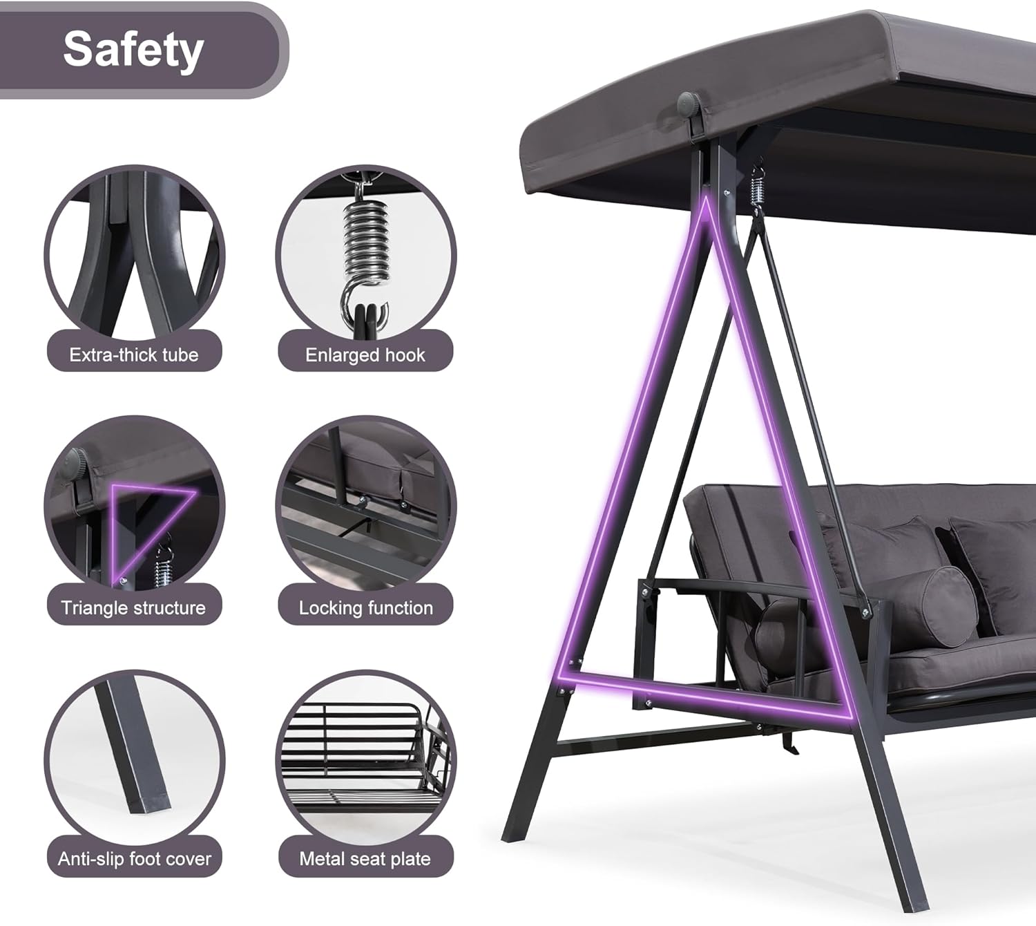 PURPLE LEAF Outdoor Patio Porch Swing Adjustable Backrest, 3-seat Swing Chair with Weather Resistant Steel Frame for Backyard Front Porch Lawn, Cushion and Pillows Included, Grey-VerdiqueGarden