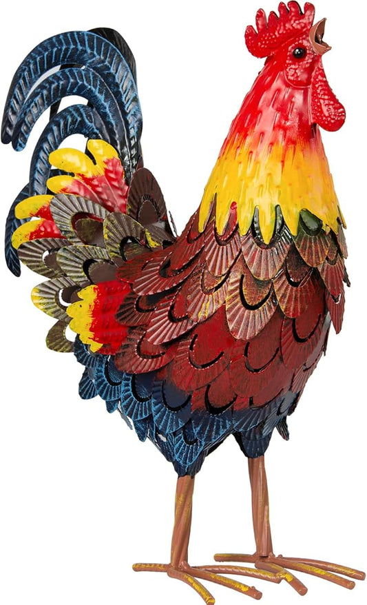 XONOR Metal Rooster Statues, Garden Chicken Decorations, Outdoor Chicken Sculpture, Metal Yard Rooster Artwork for Outdoor, Patio, Backyard and Home Kitchen Decoration (1pc, Blue Red)-VerdiqueGarden