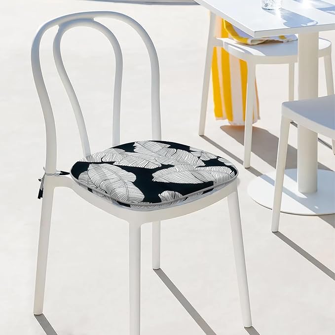 Indoor/Outdoor Chair Cushions 16x17 Inch, Patio Chair Cushions with Ties, All Weather Seat Cushions for Patio Furniture Home Garden Chair Use, Set of 4, Black Lush Leaves-VerdiqueGarden