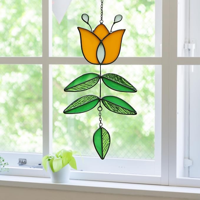 Tulip Stained Glass Suncatcher, Valentines Day Gifts, Folk Flower Stained Glass Window Hanging Sun Catcher, Retro Home Decor, Window Decorations for Plant Lovers, 9.4" x 4.7"-VerdiqueGarden
