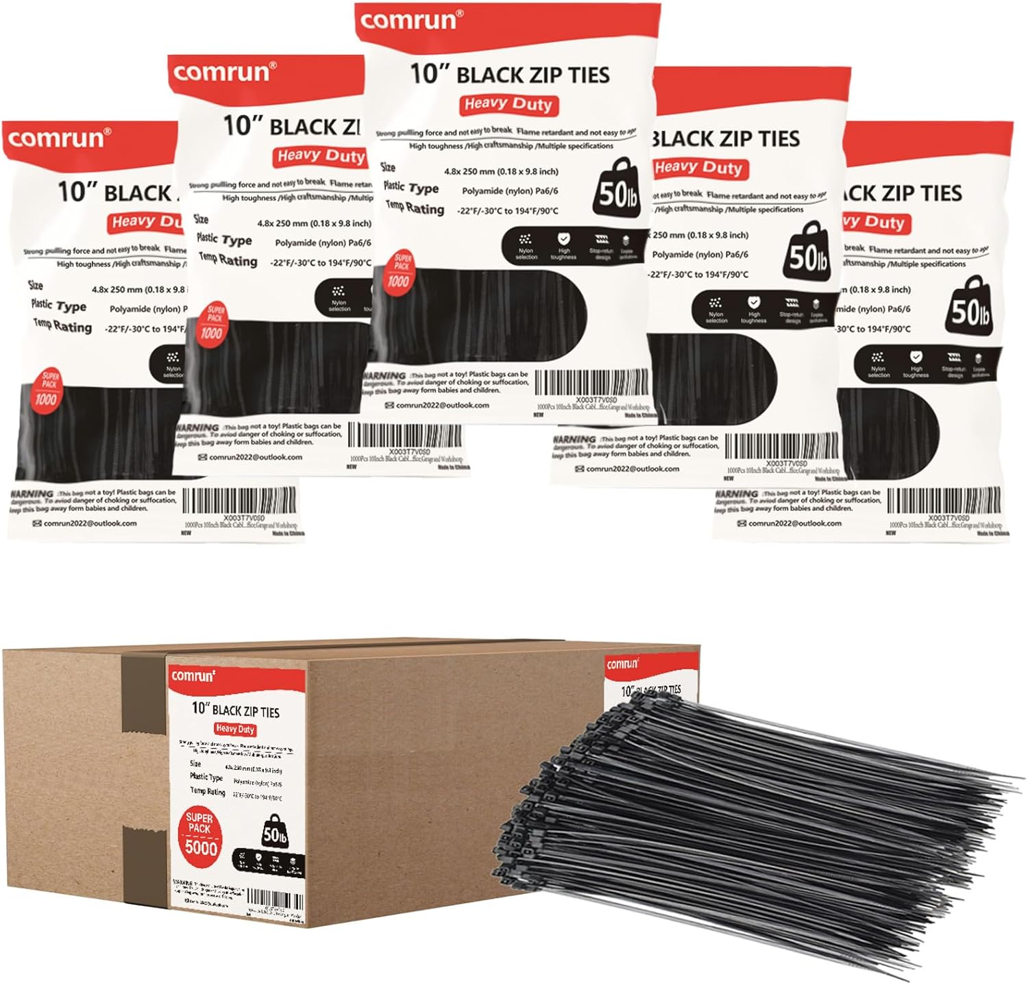 5000pcs 10Inch Black Cable Tie,Nylon Zip Ties,Industrial Grade,50 Pounds Tensile Strength,UV Resistant,Heavy Duty,for Home,Garden Trellis,Office,Garage and Workshop-VerdiqueGarden