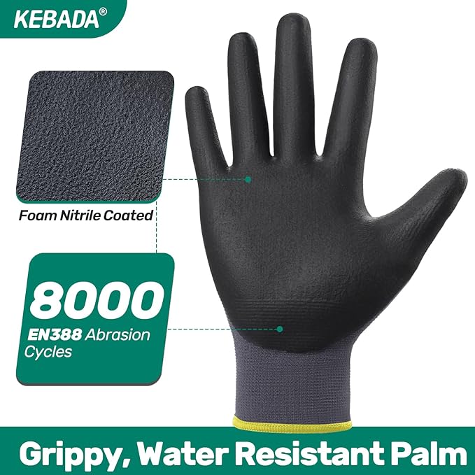 Kebada W5 Work Gloves Bulk Pack (60 Paris), Foam Nitrile Coated Working Gloves with Grip, Ultra Stretchable Spandex Knit Gloves for Gardening and Light Duty Mechanic Work, Small (Made in Vietnam)-VerdiqueGarden