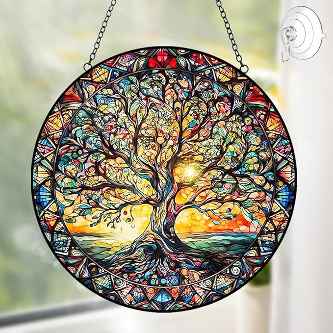 Tree of Life Sun Catcher Stained Glass Window Hanging - Handmade Suncatchers for Windows Hanging Stained Glass Suncatcher - Sun Catchers Indoor Window Wall Home Decor Glass Panel Gift for Women Men-VerdiqueGarden