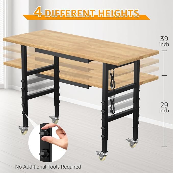 60" Adjustable Workbench,Heavy-Duty Work Table,3000 LBS Load Capacity Hardwood Workstation Outlets with Power Strips, Drawers and Wheels,for Workshop, Garage-VerdiqueGarden