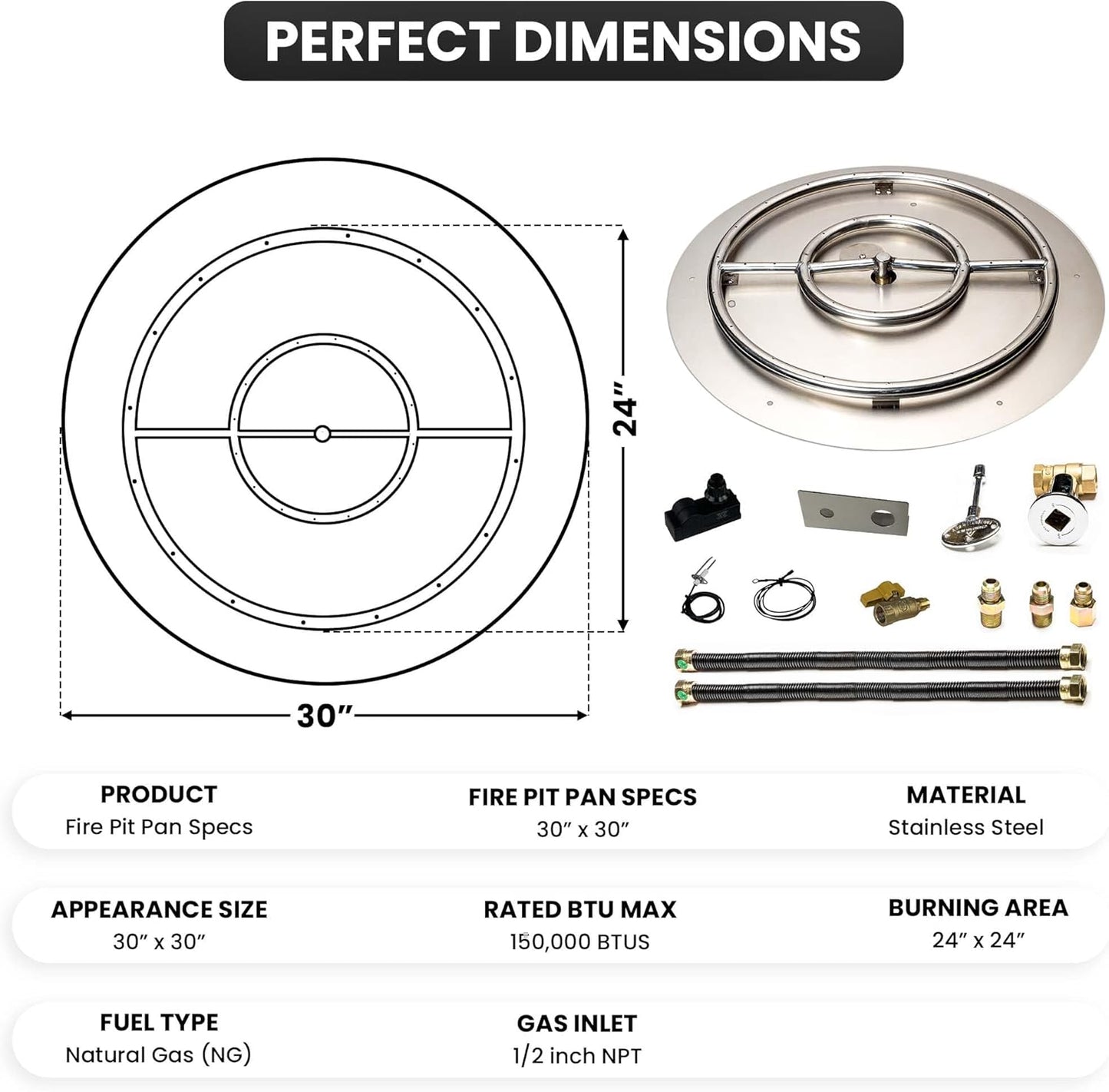 Stainless Steel Fire Pit Burner Pan & Ring Deluxe Kit for Natural Gas, 30-Inch Pan, 24-Inch Ring, 150,000 BTU Max-VerdiqueGarden
