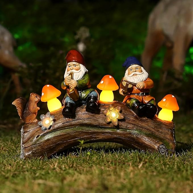 Funny Garden Gnome Statue Solar Powered Mushroom Figurine with Squirrel Gnome Durable Resin Outdoor Decoration for Patio Yard Lawn Ornament Housewarming Gift-VerdiqueGarden
