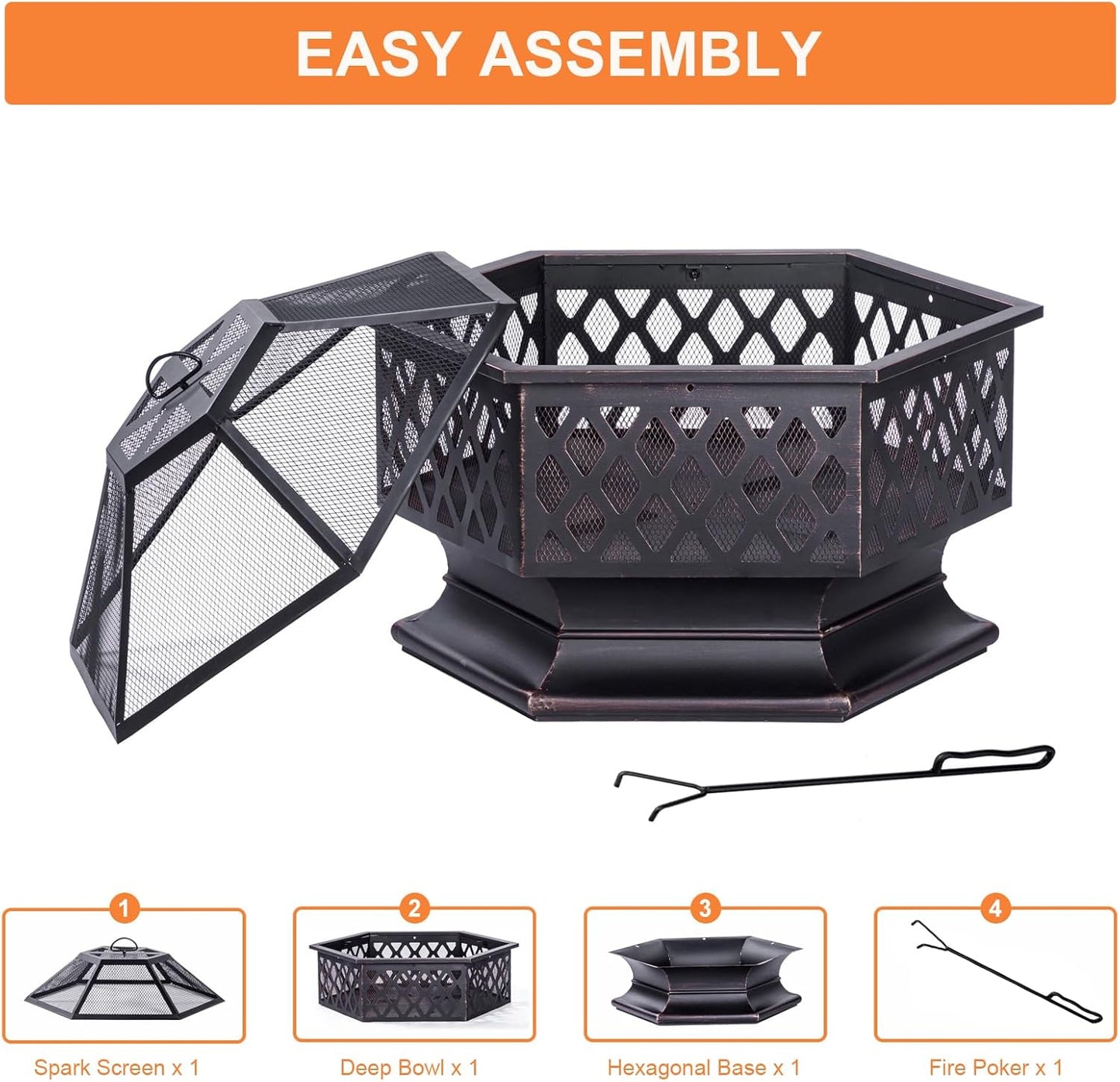 33 Inch Outdoor Fire Pit, Hexagon Shaped Wood Burning Firepit for Outside Bonfire, Patio, Backyard and Camping (Antique Bronze)-VerdiqueGarden