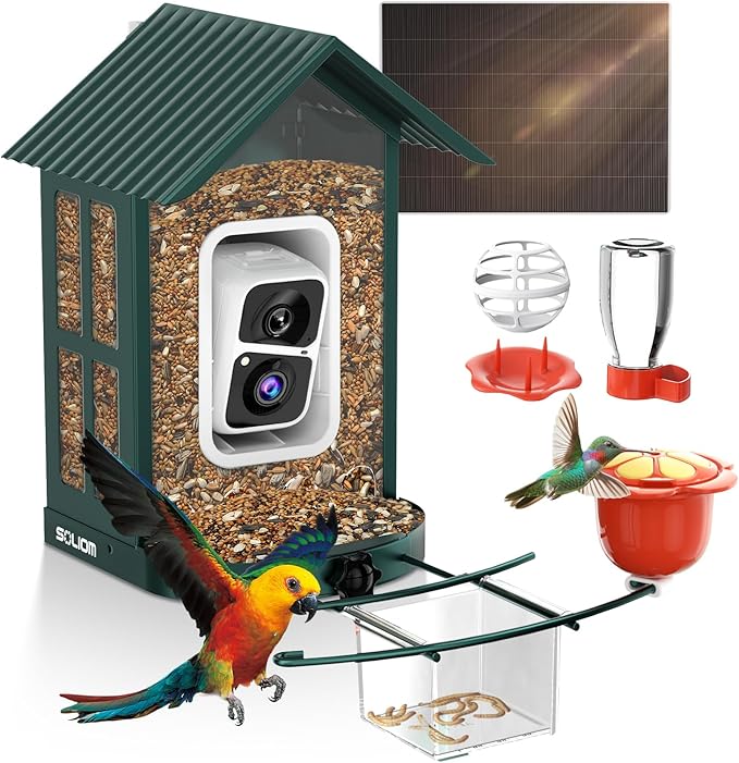 SOLIOM Solar Bird Feeder with Camera for Outdoors - AI Smart Birdhouse, 2K Live View & Instant Alerts, Squirrel Proof - Perfect Bird Watching Gift (Green)-VerdiqueGarden