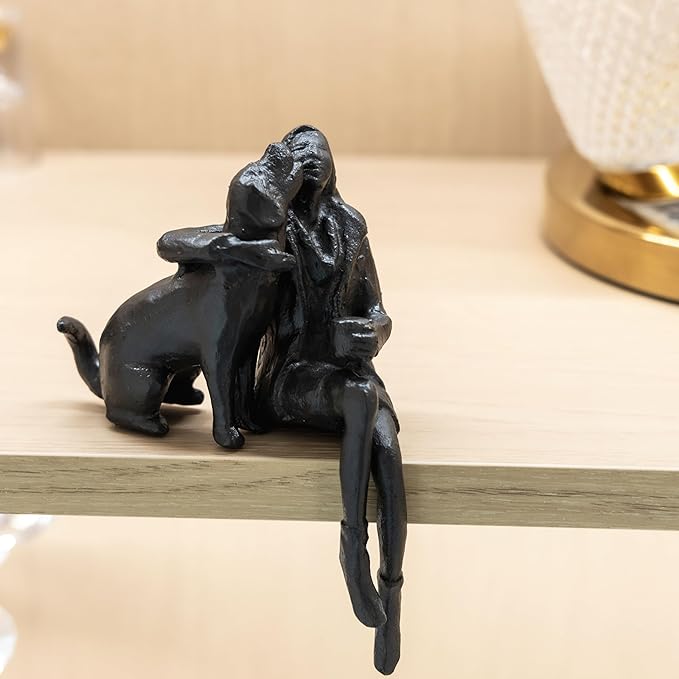 Cast Iron Sitting Woman and Dog Statue, Love Figurine, Gifts for Dog Lovers, Memorial Gifts for Women and Girls, Black-VerdiqueGarden