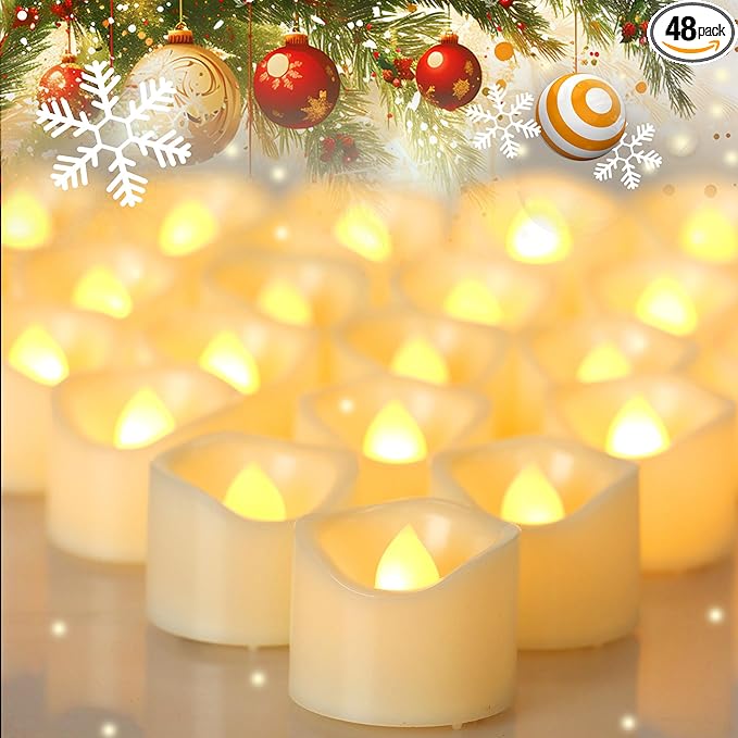 CANDLE CHOICE Battery Operated Flameless Tea Lights White Flickering LED Electric Fake Votive Tealight Candles Halloween Pumpkin Wedding Christmas Decorations Table Centerpieces 48 Pack Batteries Incl-VerdiqueGarden