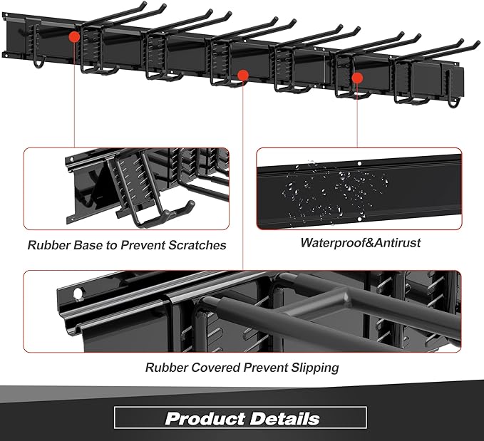 Storaboks Heavy Duty Garage Storage Rack System, Wall Mounted Tool Organizer with 8 Double Hooks, 3 Rails, Garden Yard Tools Hanger for Ski Gears, Broom, Rake, Shovel-VerdiqueGarden