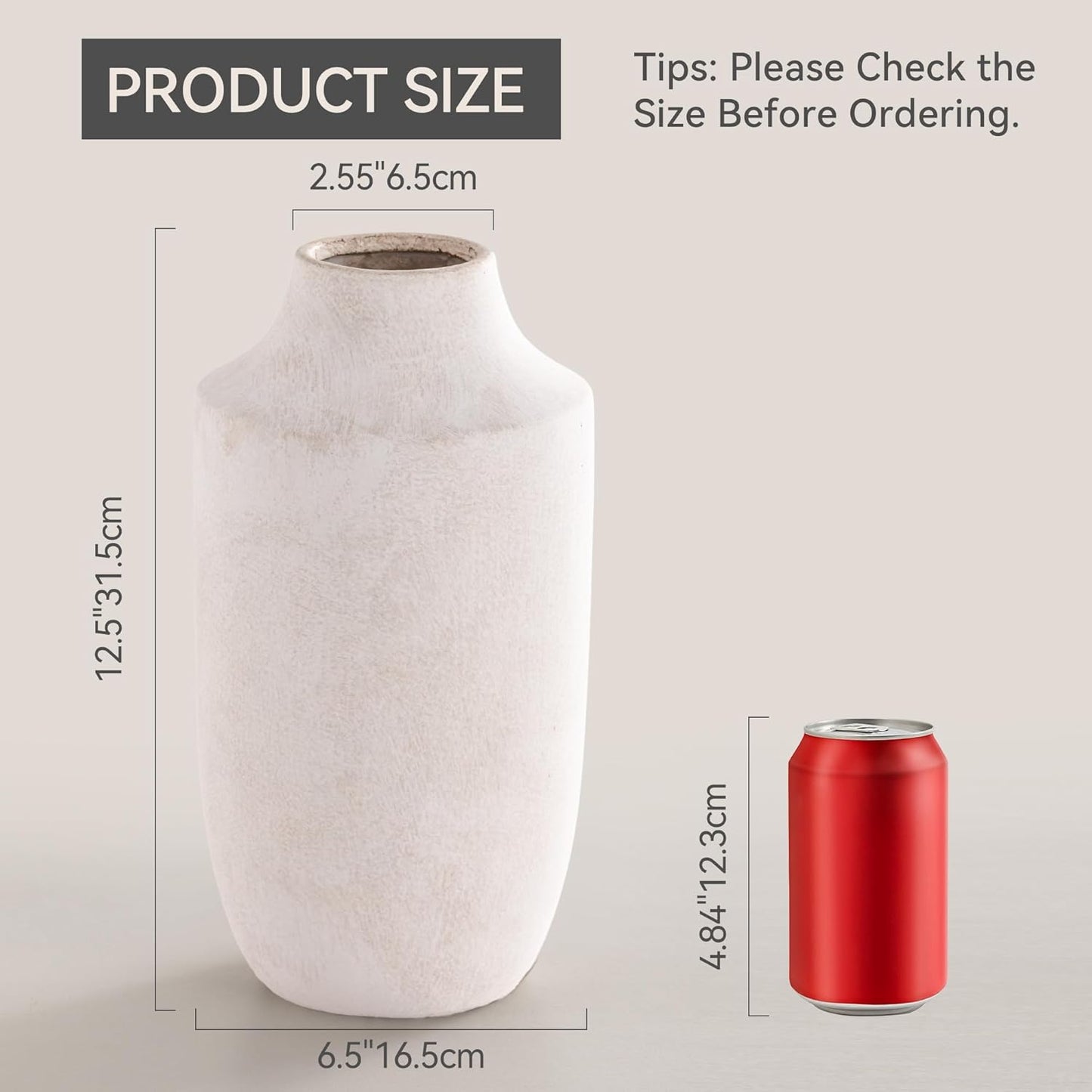 Mitt&Ditt Ceramic Flower Vase, 12.5 inch Tall Off-White Vase, Large Decorative Terracotta Vases, Farmhouse Rustic Pottery Vases for Home Decor, Living Room, Table-VerdiqueGarden