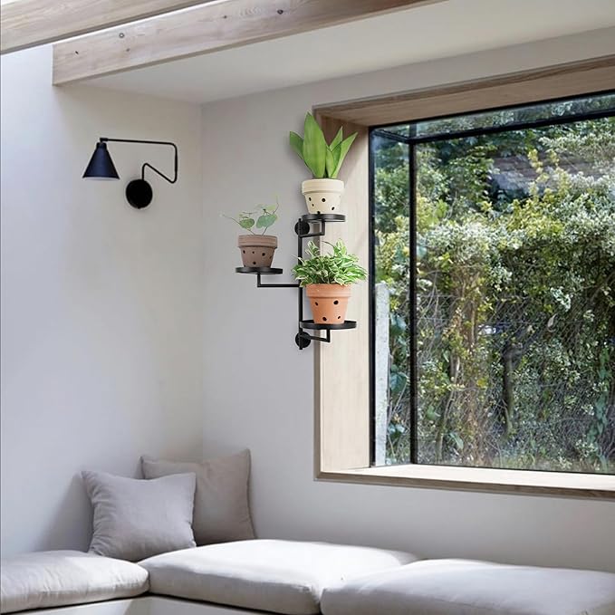 Rotating Window Wall Plant Shelves Stand Holder, 3 Tiered Metal Floating Plant Shelf Hanger Indoor , Window Sill Gifts-VerdiqueGarden