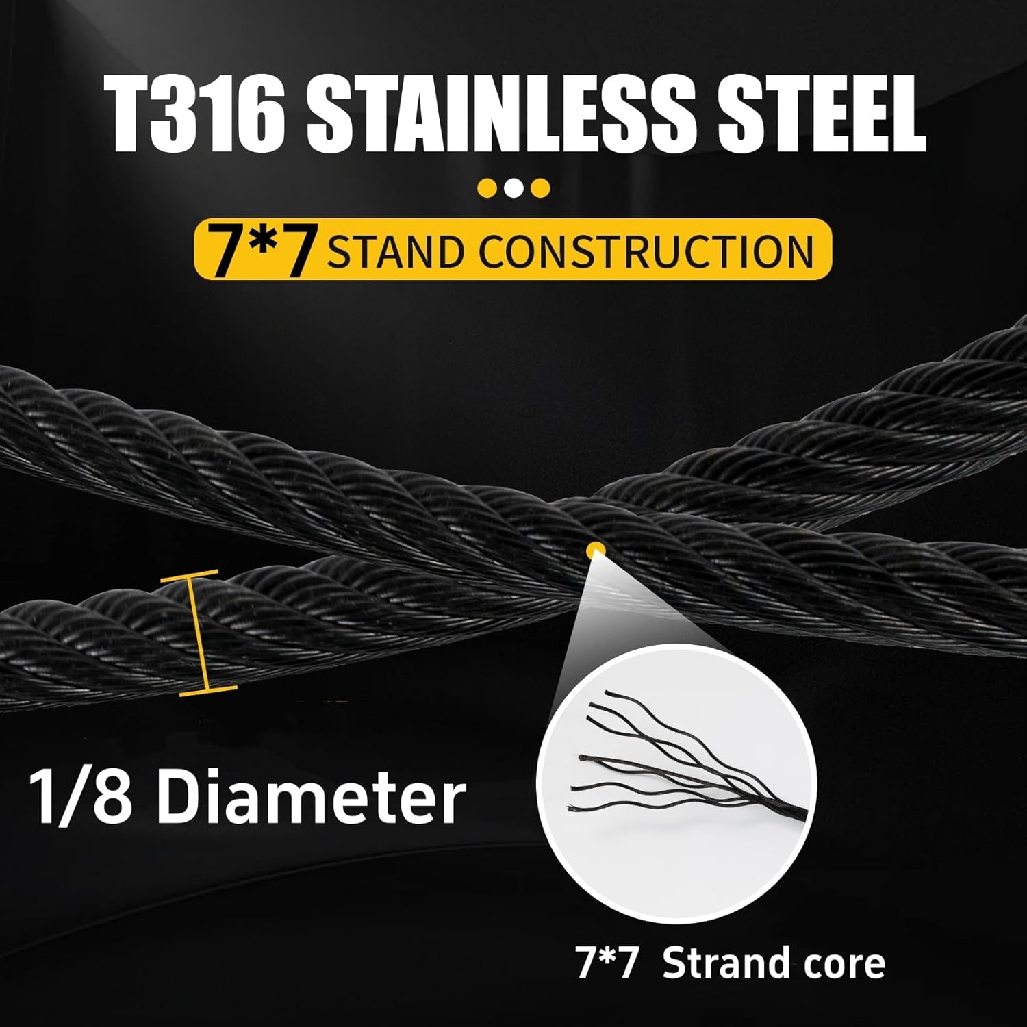 500FT 1/8" Stainless Steel Cable Black, 7x7 Strands, Wire Rope with Cable Cutter,1800lbs Breaking Strength Aircraft Cable for Deck Cable Railing, Stair, Fence, DIY Balustrades-VerdiqueGarden