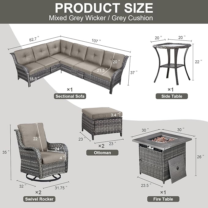 Outdoor Sectional Furniture Sofa Set with Propane Fire Pit Table, Wicker Patio Conversation Set with 2 Swivel Rocker Glider Chairs Grey Cushion Perfect for Backyard Casual Gathering-VerdiqueGarden