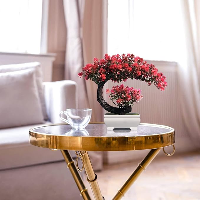 Small Artificial Plants Greenery Desktop Bonsai - Magenta Fake Plants for Home Decor Indoor Bookshelf Office Desk Bathroom Room Decor, Tall 8.5"-VerdiqueGarden