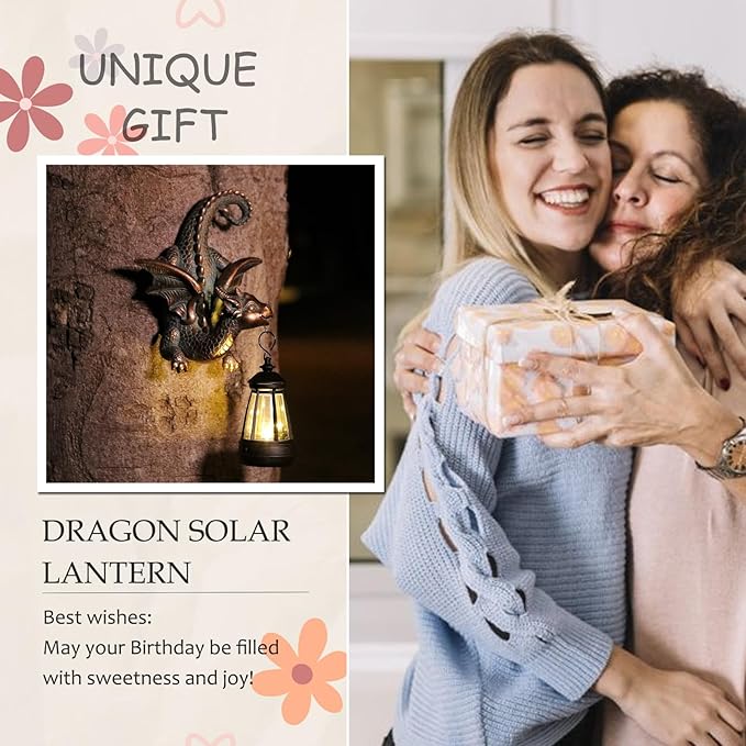 Dragon Solar Garden Statue - Gothic Outdoor Wall Hanging Decor with Solar Light, Fantasy Dragon Figurine for Patio, Yard, or Tree - Unique Whimsical Gift for Adults, Men & Women-VerdiqueGarden