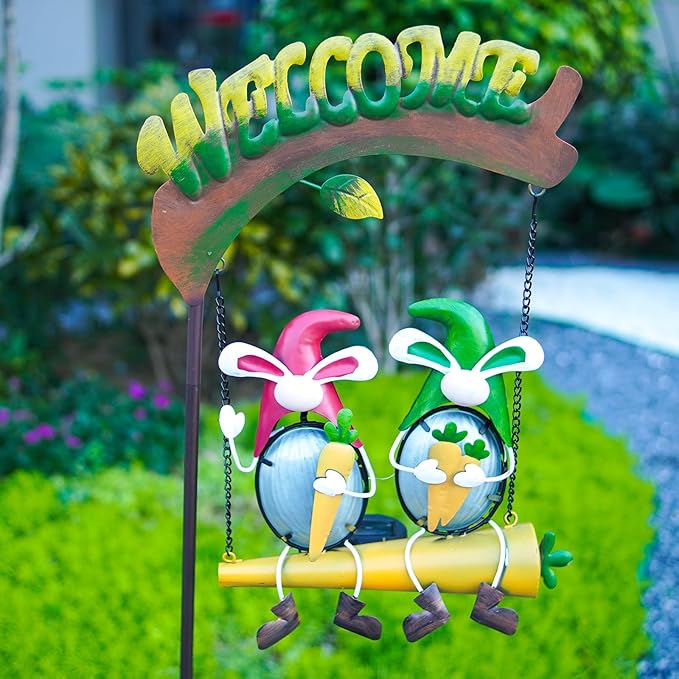HONGLAND Solar Lights Outdoor Decor, Rabbit Swing Garden Decor, Funny Gardening Gifts for Women Mom, Gnomes Outdoor Decorations with Welcome Sign for Front Porch Patio-VerdiqueGarden