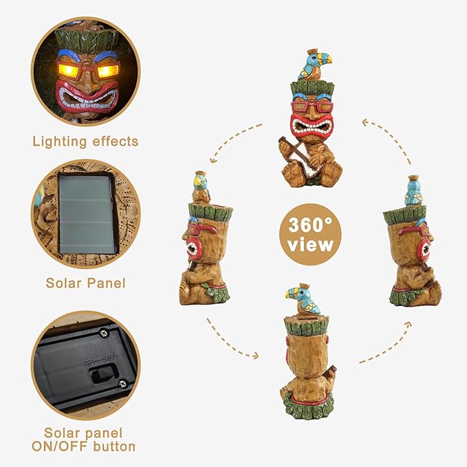 Solar Tiki Statue Decor-Outdoor Statues-Funny Guitar - Tiki Bird Tiki Bar Decorations 11.69 inch Tall for Outdoor Patio, Balcony, Yard, Backyard,Lawn,Tiki Gifts-VerdiqueGarden