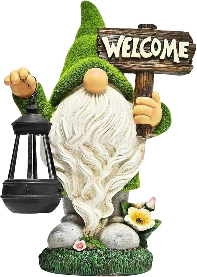 Garden Gnome Statue Outdoor Decor Large Flocked Resin Gnome Figurine with Solar Light Holding Lantern Welcome Sign Garden Yard Decorations Dwarf Sculpture for Outside Patio Porch Lawn Decor.-VerdiqueGarden